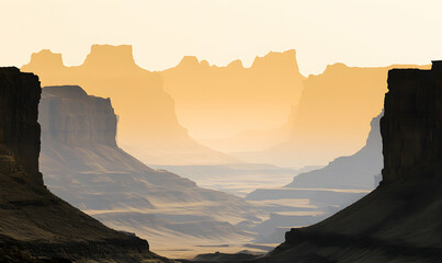 Majestic sunset over a vast canyon landscape, showcasing dramatic rock formations and atmospheric haze.  A breathtaking view of layered cliffs bathed in warm golden light.