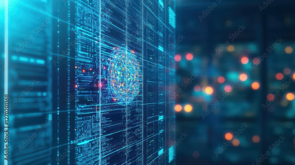 Poster vibrant computer screen displaying a dynamic network map on a striking blue background evoking a sen