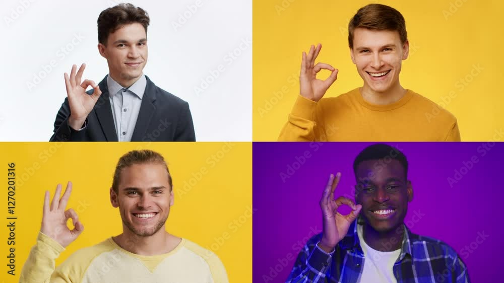 Poster Four diverse men display the okay hand gesture against colorful backgrounds, representing positivity and international unity. This collage captures a modern lifestyle in a vivid setting.