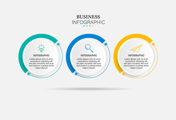 Business Infographics template. Timeline with 3 steps, circles, options and marketing icons. Vector linear infographic elements.