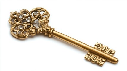 A gold ornate key with clear crystals rests against a stark white background.  Its intricate details and luxurious appearance suggest a sense of mystery and hidden treasure.