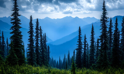 Obraz premium Majestic evergreen forest silhouetted against a breathtaking, layered blue mountain range under a dramatic sky. A stunning nature landscape photograph.
