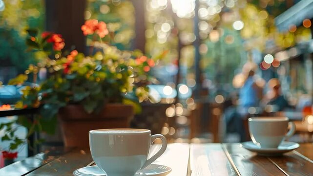 Charming Outdoor Caf&eacute; Scene with Sunlit Bokeh and Subtle Camera Zooming