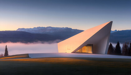 Stunning sunrise illuminates modern architectural marvel nestled in serene mountain landscape; misty valley adds ethereal beauty.