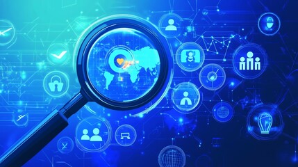 Fototapeta premium Global network security magnifying glass analysis