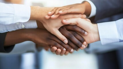 Obraz premium Diverse hands clasped, teamwork, office background