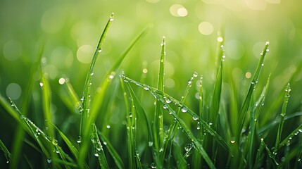 Obraz premium Close-up of fresh green grass with dewdrops, a soft focus, and a natural outdoor feel.