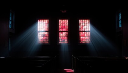 Naklejka premium A serene interior of a church showcases colorful stained glass windows casting light beams, creating a mystical atmosphere.
