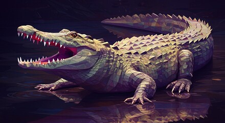 Obraz premium Low poly alligator with open mouth lying in dark water