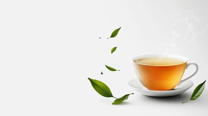 Cup of green tea, steaming with floating leaves, isolated on white.