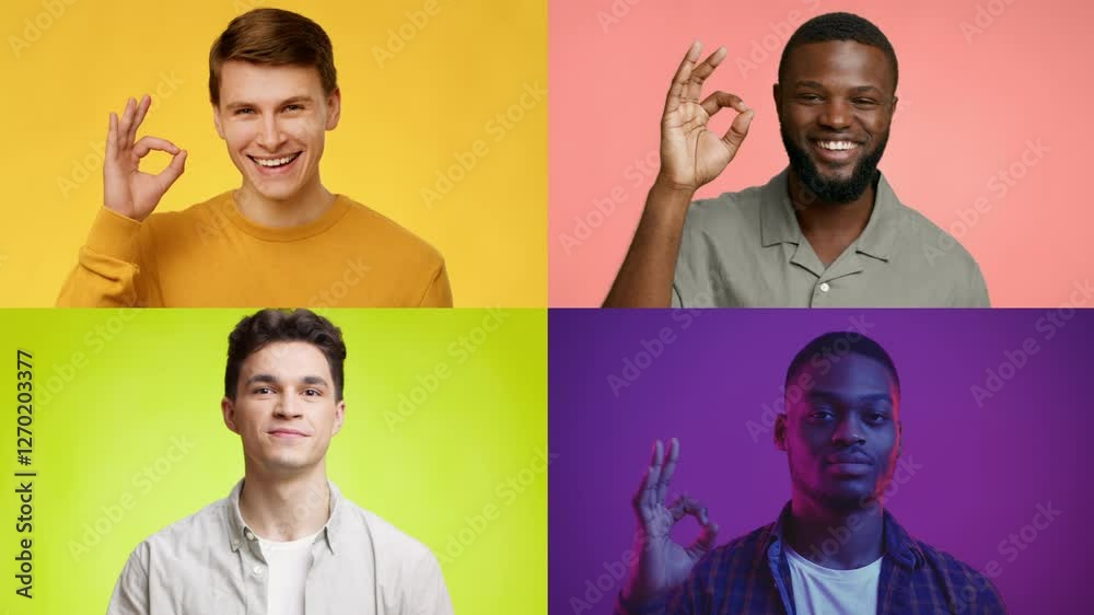 Poster Four men from different backgrounds display the okay gesture, smiling in vibrant colors. This collage fosters a sense of unity and positivity among communities.