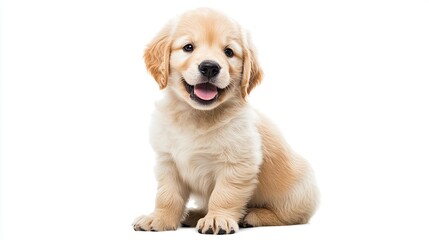 Cute golden retriever puppy, sitting with happy expression, isolated on white background.