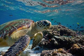 Obraz premium Azure Sea, Coral Reef, and Sunlit Ripples, Marine Wildlife, Clear Depth of Field