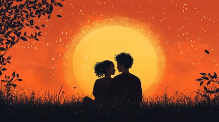 Romantic Sunset Embrace: Couple Sitting Outdoors under a Warm Sunset, Perfect for Love and Nature Enthusiasts