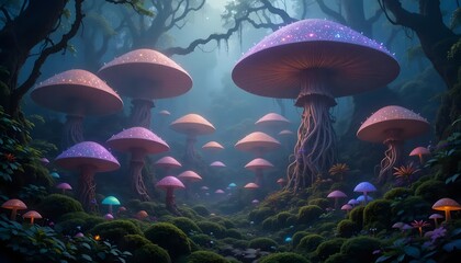 Fototapeta premium Enchanted Forest with Giant Mushrooms and Sparkling Lights Fantasy Landscape