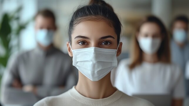 Group of diverse office workers wearing medical face masks in a minimalist office. Neutral tones with soft lighting and ample space for copy. - Powered by Adobe