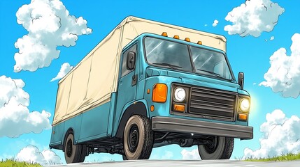 Cartoon Style Light Blue Truck Against Cloudy Sky