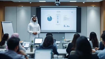 UAE Business Presentation: A Man in Traditional Clothing Delivers a Presentation to a Diverse Group of Attendees in a Modern Conference Room - Powered by Adobe