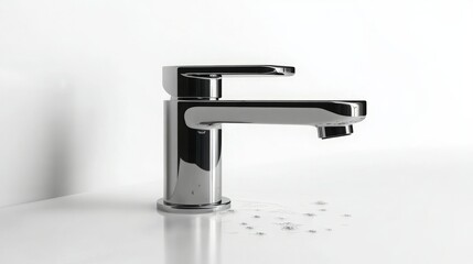 Sleek chrome faucet with water droplets on a white countertop. Modern bathroom design.
