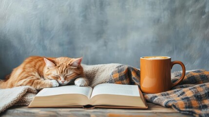 Cozy Scene of a Cat Peacefully Sleeping Next to an Open Book and a Warm Cup of Coffee Capturing a Relaxing and Tranquil Home Atmosphere