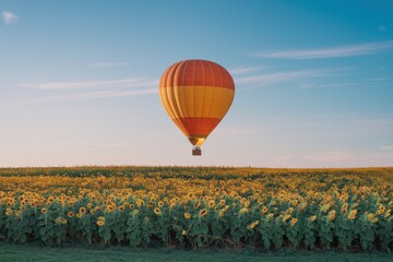 Fototapeta premium Ethereal Hot Air Balloon Ride Over Golden Sunflower Field at Sunset, Serene Sky, Atmospheric Mood, Orange & Yellow Balloon, Agriculture Scene