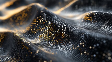 Abstract flowing fabric with sparkling metallic gold and silver particles pattern