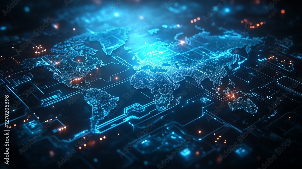 Poster abstract futuristic world map with glowing blue circuit lines connecting global nodes, ideal for tec