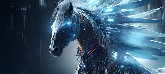 Science pegasus humanoid cyborg in futuristic neon, ai generative