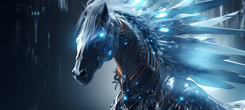 Science pegasus humanoid cyborg in futuristic neon, ai generative