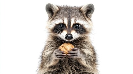 Fototapeta premium Little raccoon sitting, holding food with tiny paws, isolated on white background.