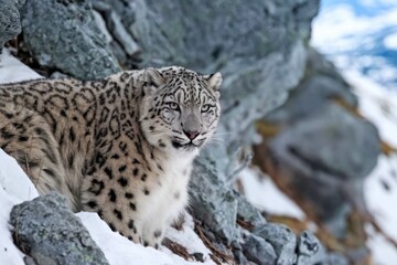 Fototapeta premium Captivating gaze amidst snow-covered rocks in soft, natural light, showcasing winter camouflage and serene beauty