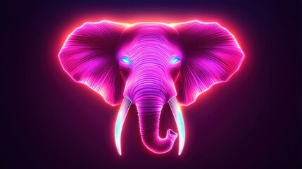 Neon Elephant Head, Dark Background, Art
