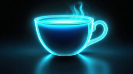 Glowing neon coffee cup, dark background, steam