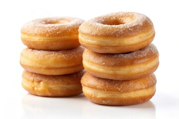 A delectable stack of freshly baked, golden-brown sugar-dusted donuts, arranged in two enticing piles, a sweet treat for any occasion.