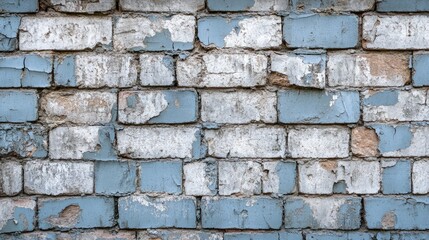 Fototapeta premium Rustic brick wall background with layers of aging, cracks, and patches of worn-out cement.