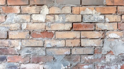 Obraz premium Rustic brick wall background with layers of aging, cracks, and patches of worn-out cement.