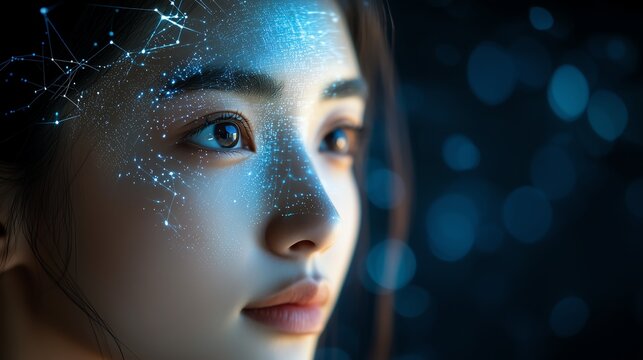 Close-Up of Asian Woman with Digital Technology Screen Projected onto Eye, Augmented Reality and AI, Dark Blue Background, Futuristic and Reflective Design.