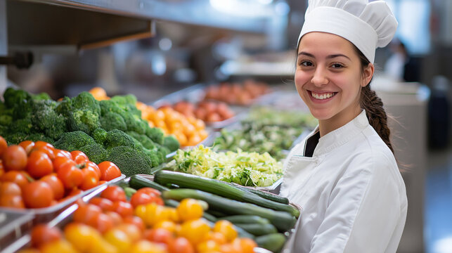 Brightly colored fruits and vegetables are artfully arranged as a dedicated nutrition chef smiles in a dynamic school kitchen. Fresh produce brings energy and health to every meal prepared