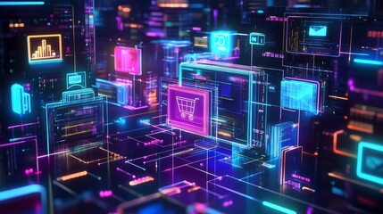 Omnichannel technology in online retail business showcasing multichannel marketing across social media networks, digital payment services, and e-commerce platforms for seamless customer experience and
