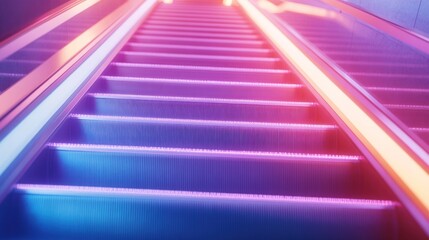 Neon Escalator Up, City Station, Blurred Background