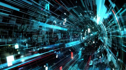 Fototapeta premium Abstract Digital Tunnel with Blue and Red Light Trails and Data Streams