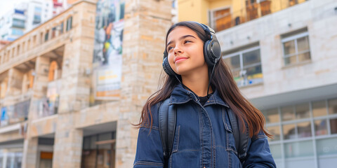 Fototapeta premium Latina teenager, walking through city streets, listening to music with headphones