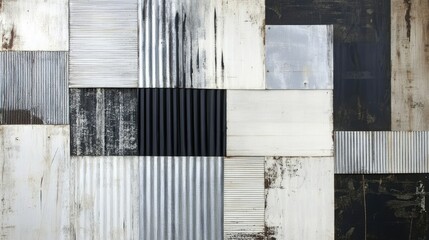 Textured galvanized metal wall with light and dark zinc patterns, providing an industrial aesthetic.