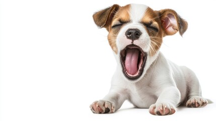 Fototapeta premium Tiny puppy yawning, mouth wide open, looking sleepy, isolated on white background.