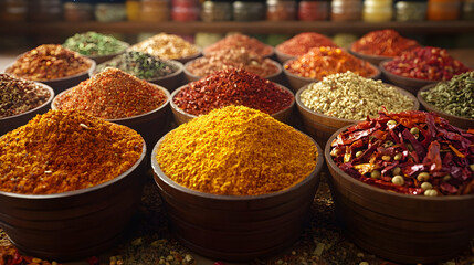 Fototapeta premium Assortment Of Colorful Spices In Wooden Bowls