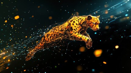 Fototapeta premium Leaping Jaguar, Digital Art, Dark Space, Energy