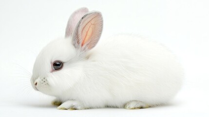 White bunny with floppy ears, sitting cutely, isolated on white background.