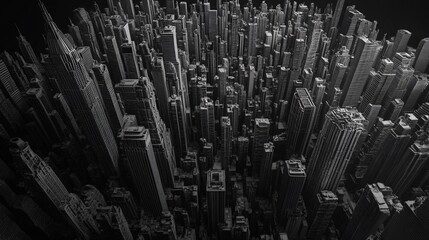 Obraz premium Monochromatic aerial view of a dense urban cityscape with towering skyscrapers and a dark background