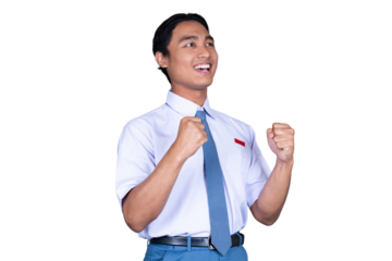 Indonesian Male High School Student in Uniform Gesture Celebrating Isolated Transparent