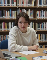 A teenager sits at a library desk, surrounded by books and a laptop